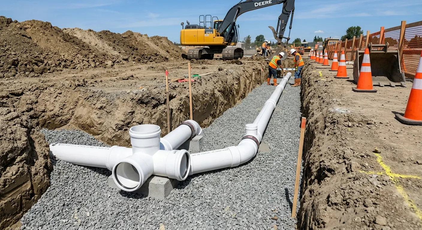 New PVC sewer pipe installation in open trench for Grease Trap Cleaning in Lee's Summit